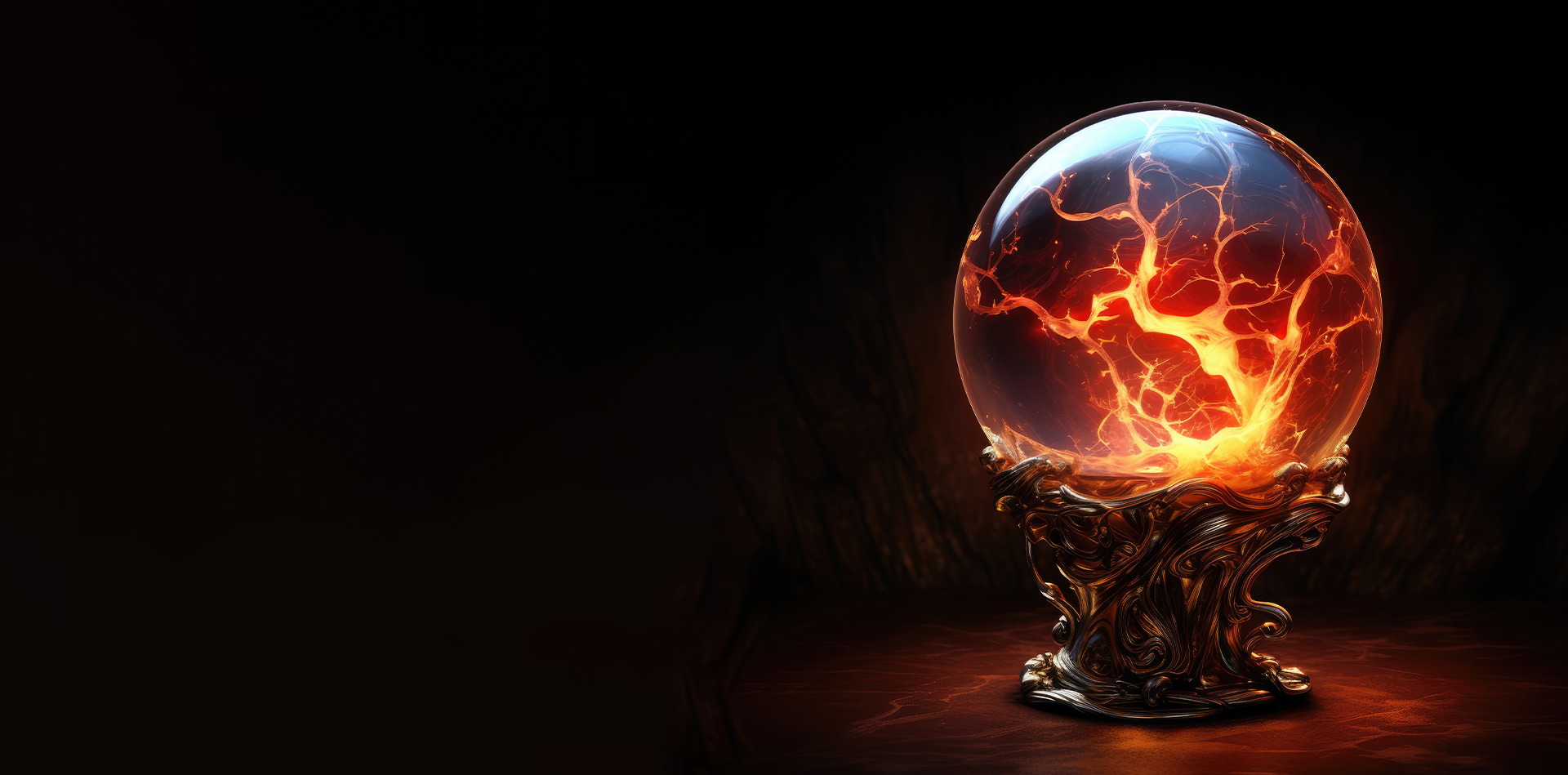 A crystal ball with fire coming out of it.